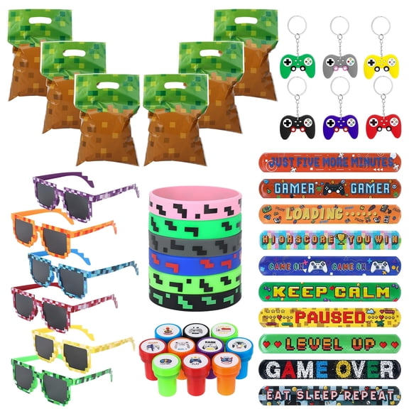 sixwipe 44 Pcs Pixel Birthday Party Favors for Kids, Including Goodie Bags, Sunglasses, Slap Bracelets, Keychains,  Stamps, Video Game for Gamer Birthday Party Supplies and Pinata Fillers