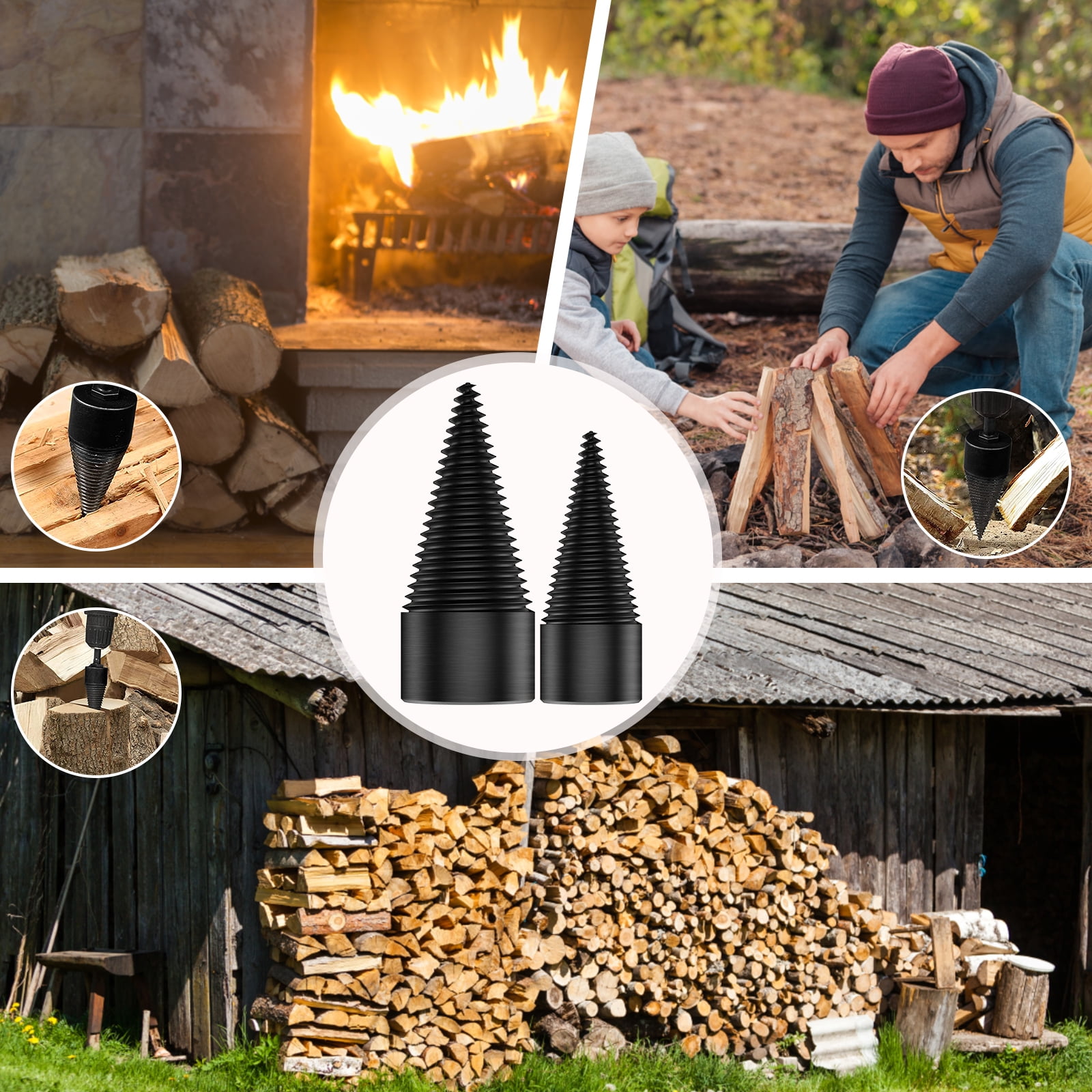 2Pcs Firewood Log Splitter 32mm 42mm High-Carbon Steel Wood Log Drill Bit with Hex/Round/Square Shank Titanium Coated Sturdy Wood Splitting Screw Cone for Electric Drill Camping