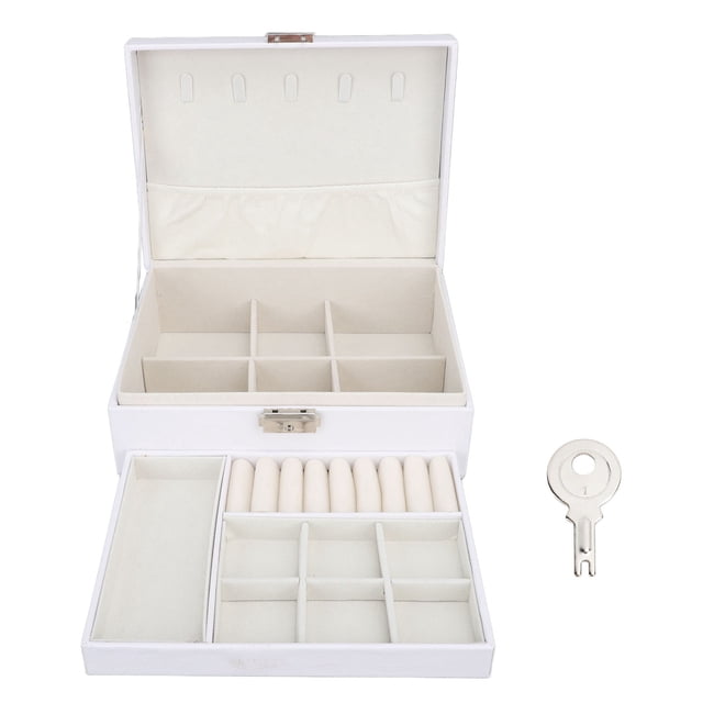 Caja de almacenamiento de joyas de madera blanca, gran capacidad, 2 capas, múltiples compartimentos, Estuche De Viaje portátil de cuero PU para joyería