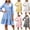 Sky Blue, variant on Women's V-Neck 3/4 Flare Sleeve Mini Dress, Regular Fit Printed Gingham Shift Dress, Casual Summer Vacation Daily Sundress