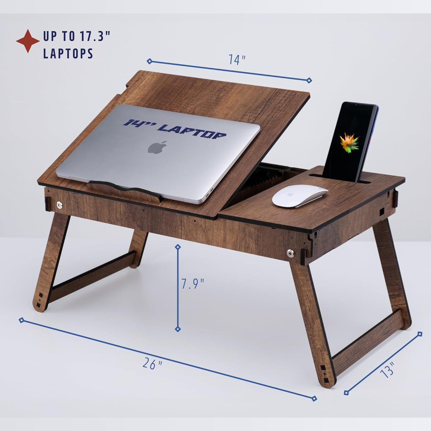 Vigo Wood Laptop Stand for Bed, Adjustable Lap Tray with Built-in Storage, Foldable and Ergonomic Design for Reading, Writing, and Working