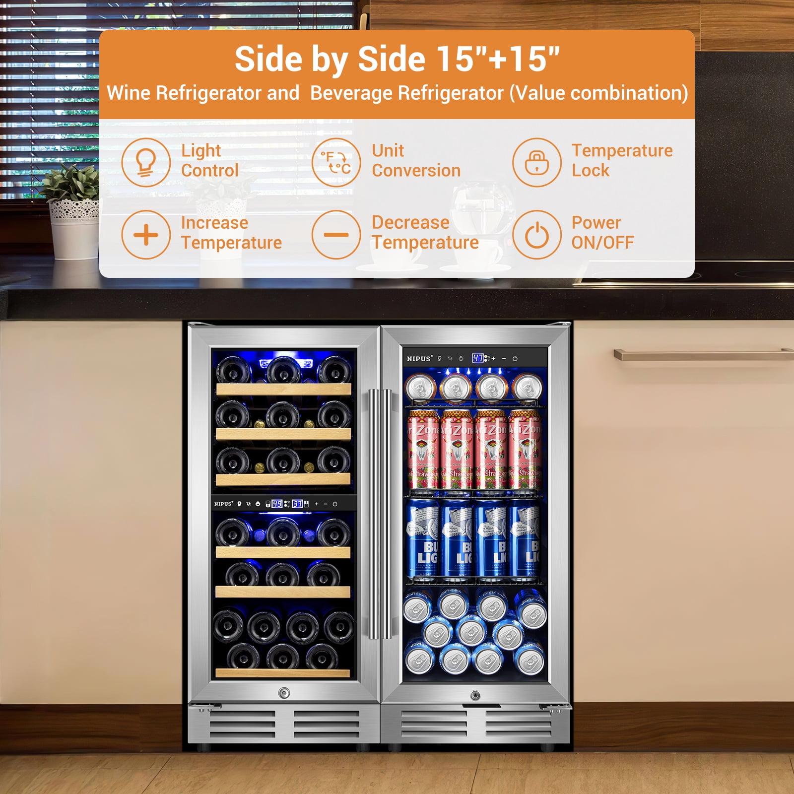 Nipus 15"+15" Wine and Beverage Refrigerator, 30 Bottles Dual Zone Wine Fridge and 130 Cans Beverage Fridge Cooler for Kitchen Office