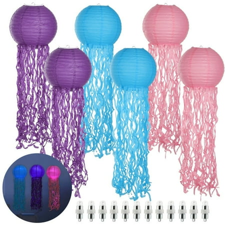 6PCS Light Up Jelly Fish Paper Lanterns Set, Pink Purple Blue Hanging Lanterns, Hanging Jellyfish Paper Lanterns, Mermaid Themed Party Decorations with LED
