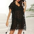 thumbnail image 2 of Tqyyweavej Women's Beach Crochet Cover Up Sexy Lace Sheer Short Length Sleeve Swimsuit Coverup Free Size V Neck Solid Color Swim Cover Up with Tassels, 2 of 10