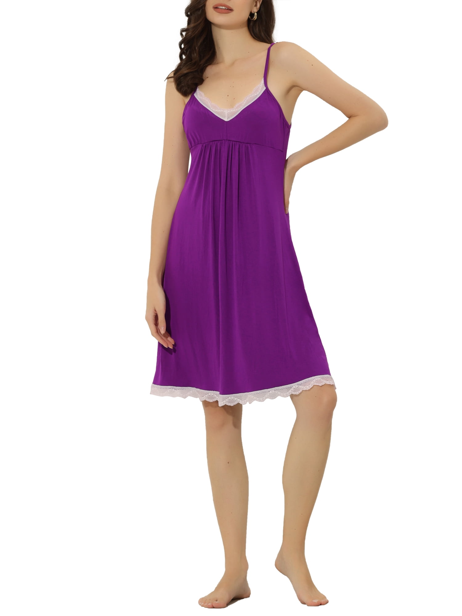 Unique Bargains Women's Pajama V Neck Lace Sexy Nightdress Stretchy Lounge Dress