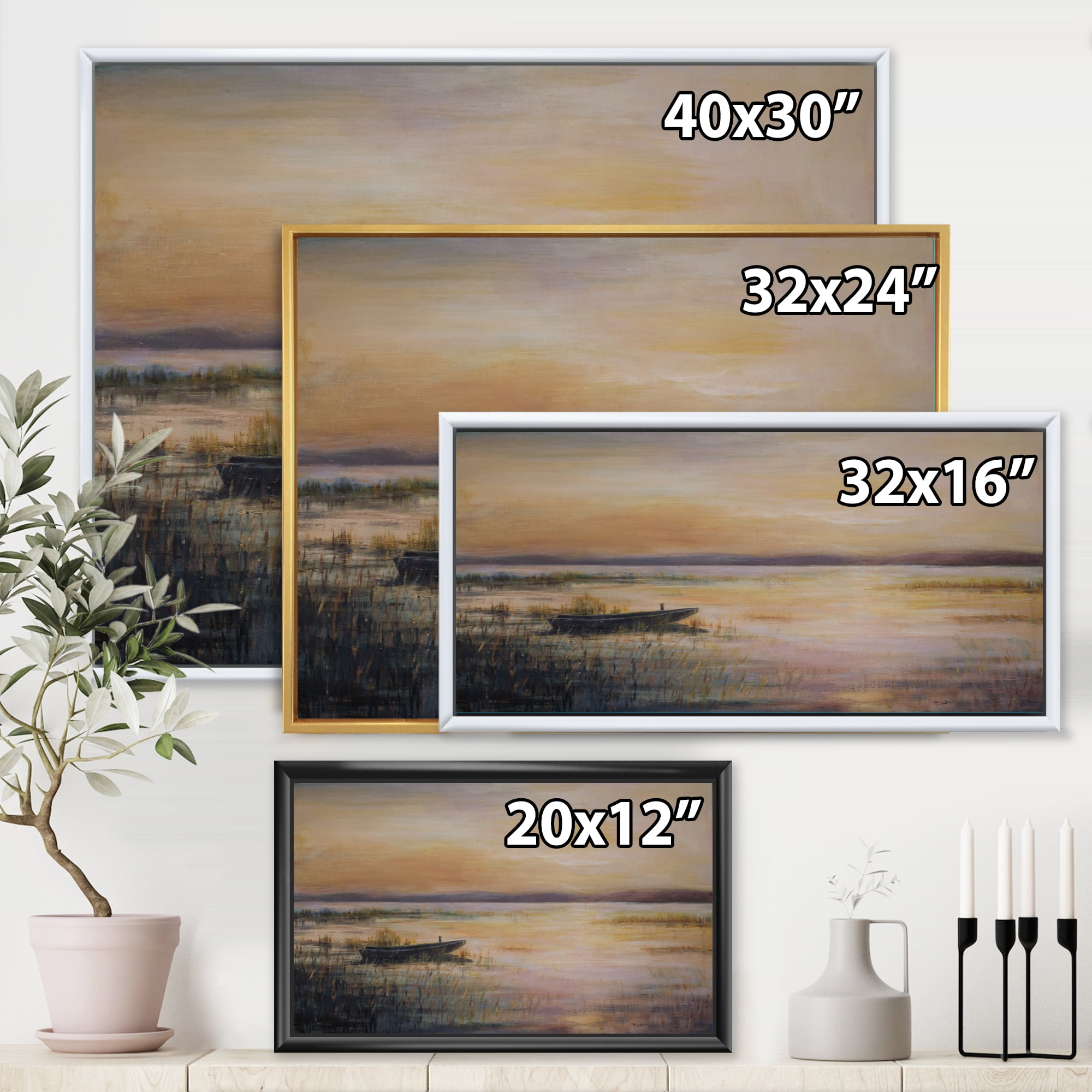 Designart 'Pastel Boat Sunset Over The Lake' Nautical & Coastal Framed Canvas Wall Art Print
