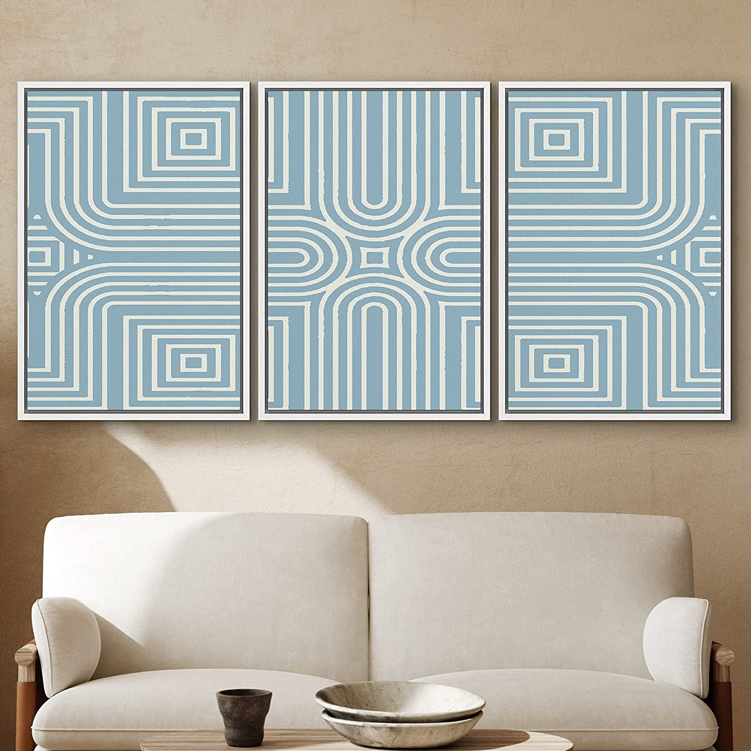 PixonSign Framed Wall Art Print Set Blue & White Square Line Pattern ...