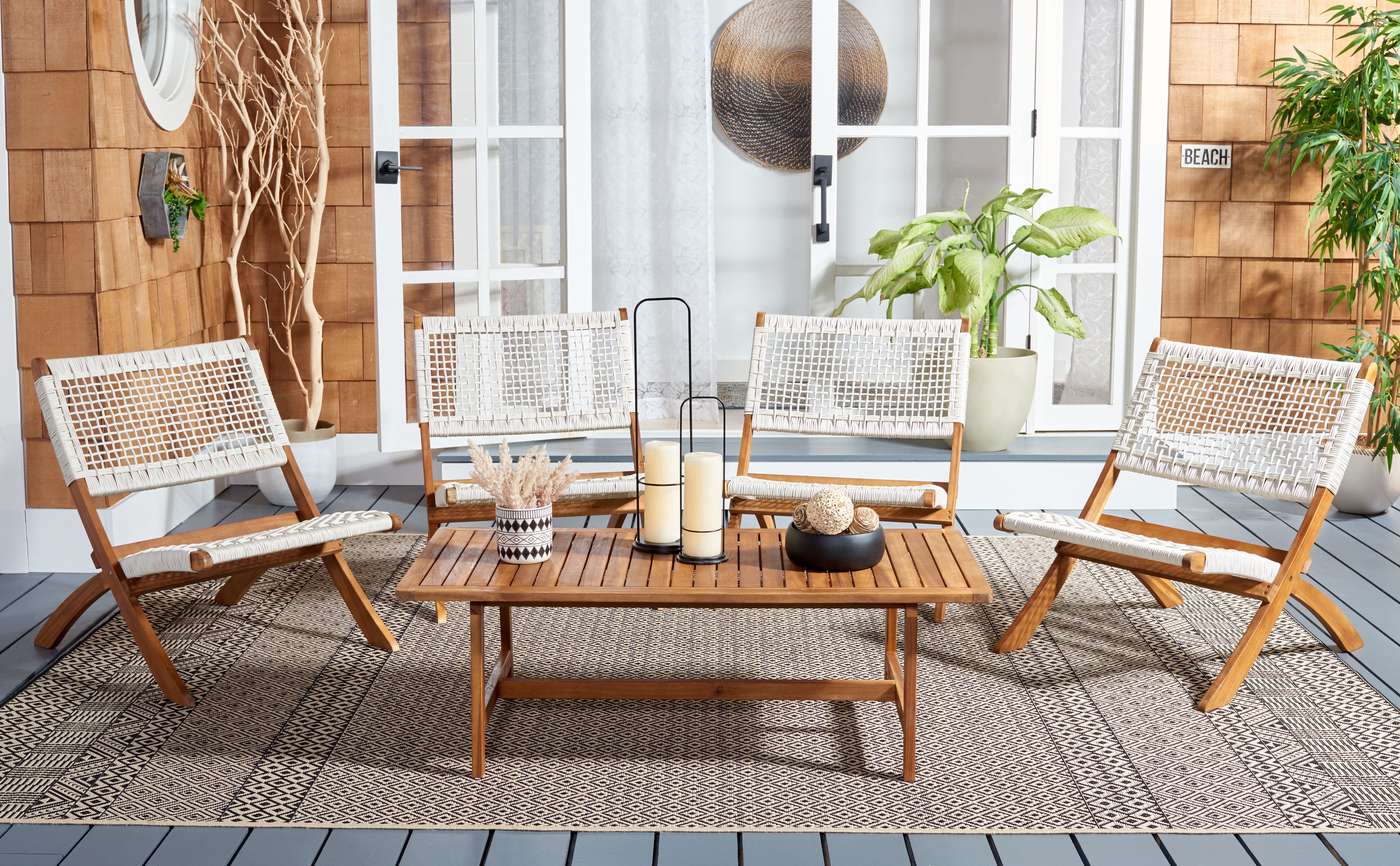 SAFAVIEH Blaze Outdoor Patio 5 Piece Coffee Set, Natural/White