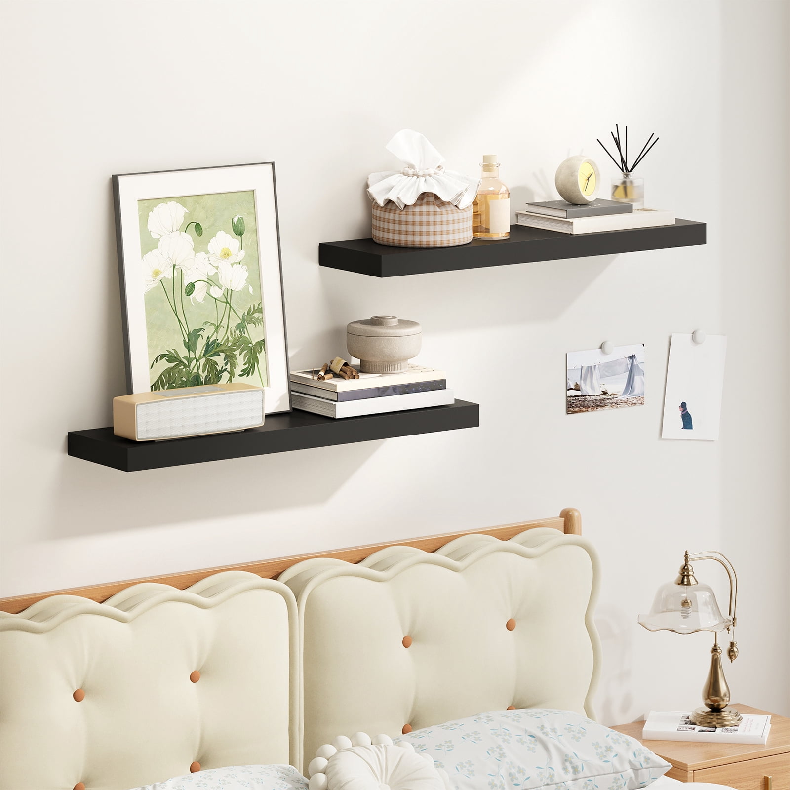 Fairy 2pcs Floating Shelves for Wall, 22.5in Bathroom Kitchen Shelves for Farmhouse Decor, Black