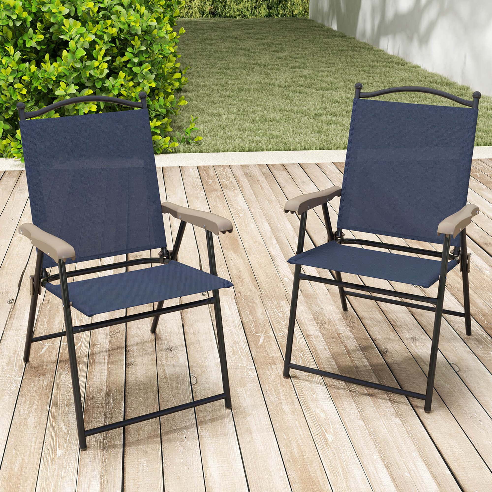 Costway Patio Folding Chairs Set of 2 with Armrests Outdoor Portable Camping Chairs Navy