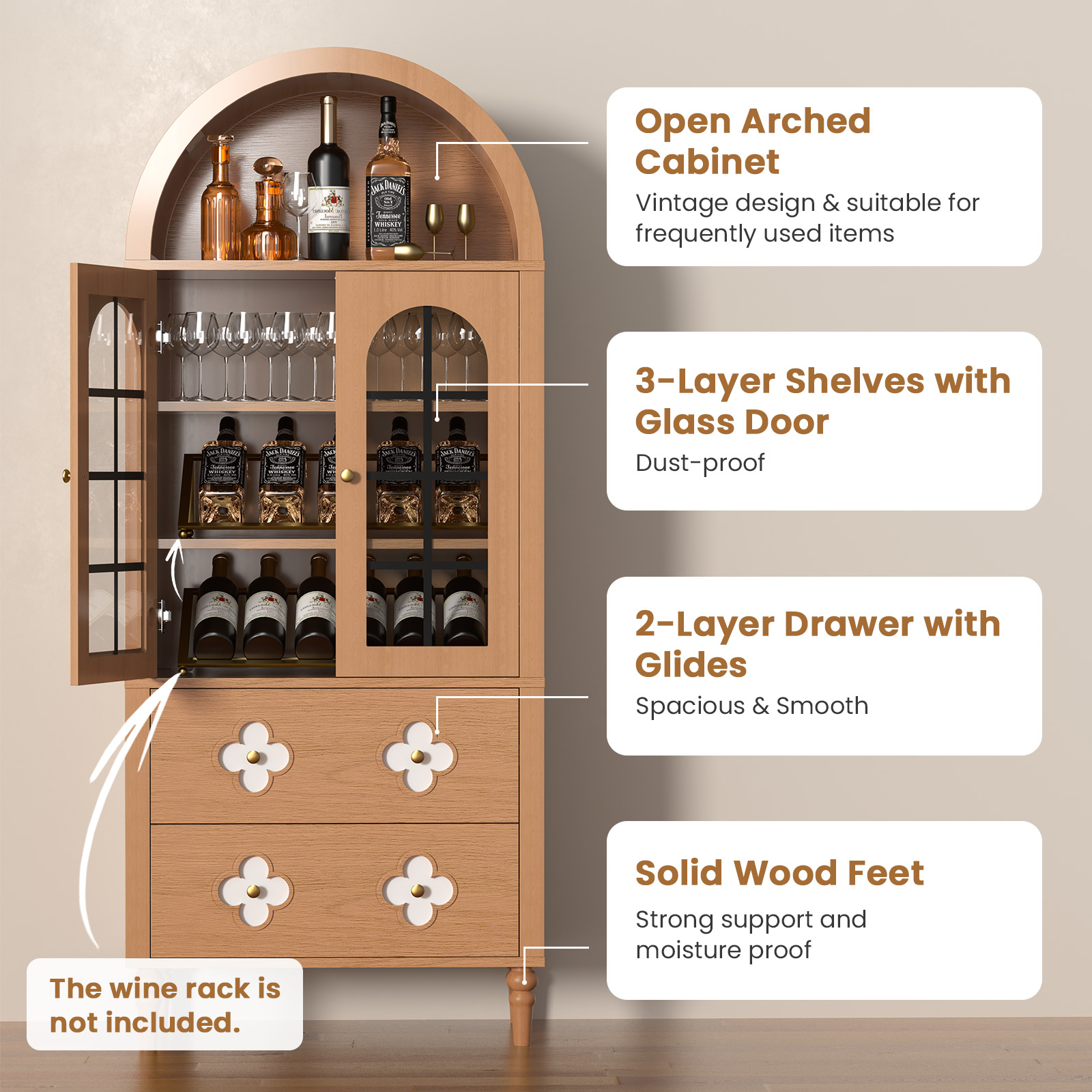 Mophoto Arched cabinet Bookshelf Bookcase Storage with Tempered Glass Doors Versatile Kitchen Cabinets,71“ Tall Food Pantry Furniture for Living Dining Room(Black)