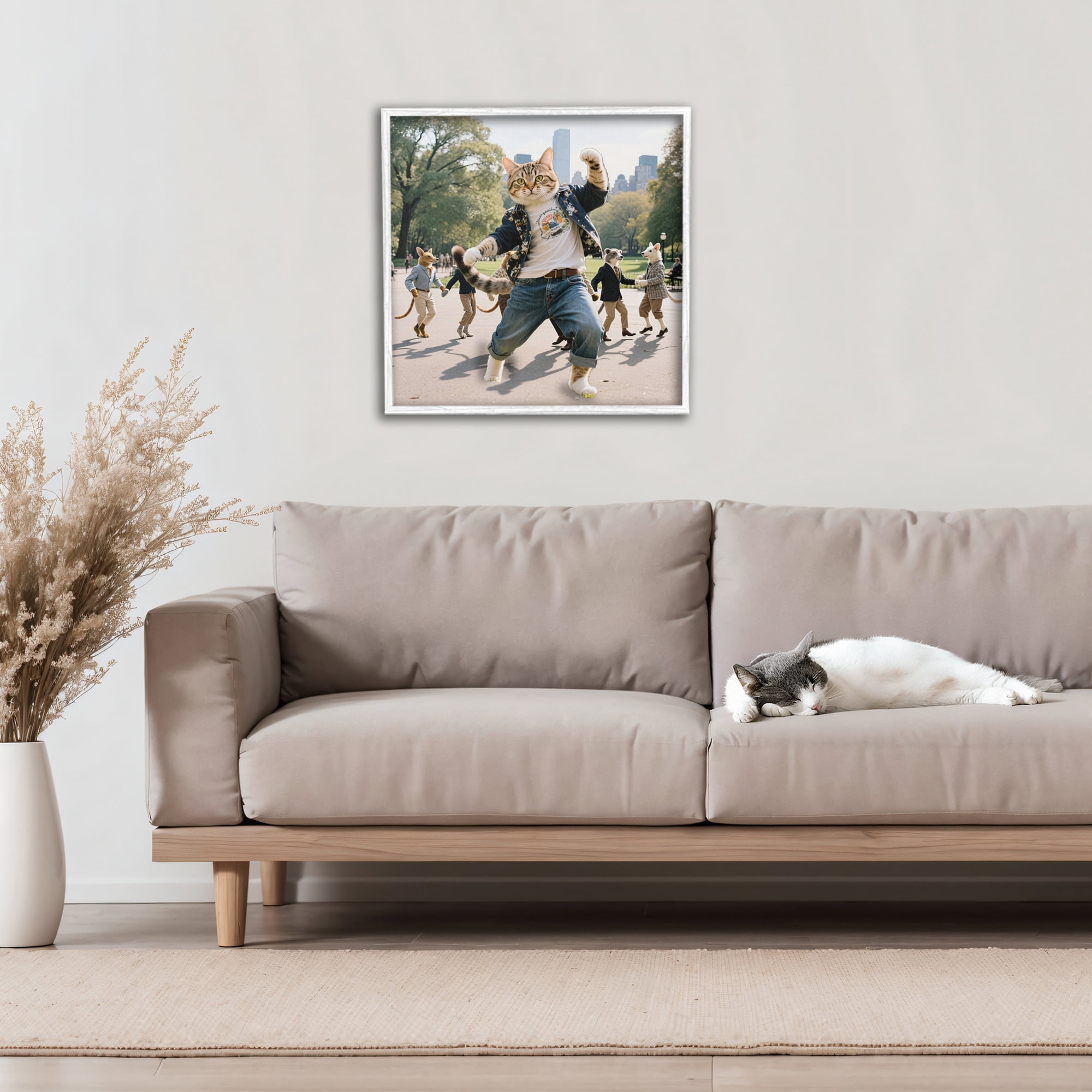 Stupell Industries Stylish Cat Dancing in Park White Framed Giclee Art, design by CAD Designs