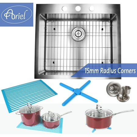 25 Inch Drop In Topmount Stainless Steel Kitchen Sink Package by Ariel â 16 Gauge Double Bowl Basin w/ 9 Gauge Deck - Complete Sink Pack + Bonus Accessories - Ideal For Home Improvement & Renovation