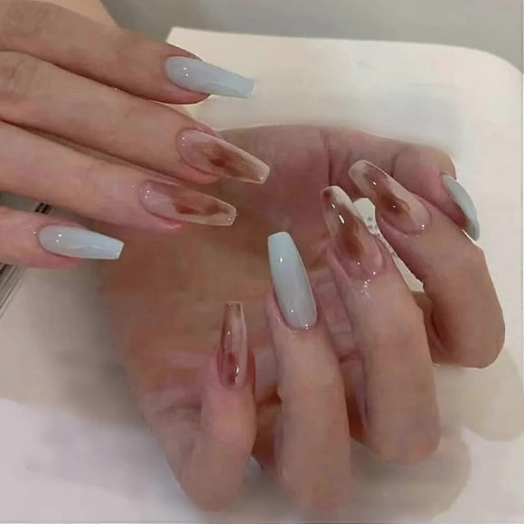 24pcs Coffin Fake Nails, Gradient Glossy False Nails, Blooming Ombre Press On Nails, Full Cover Acrylic Nails For Daily Use