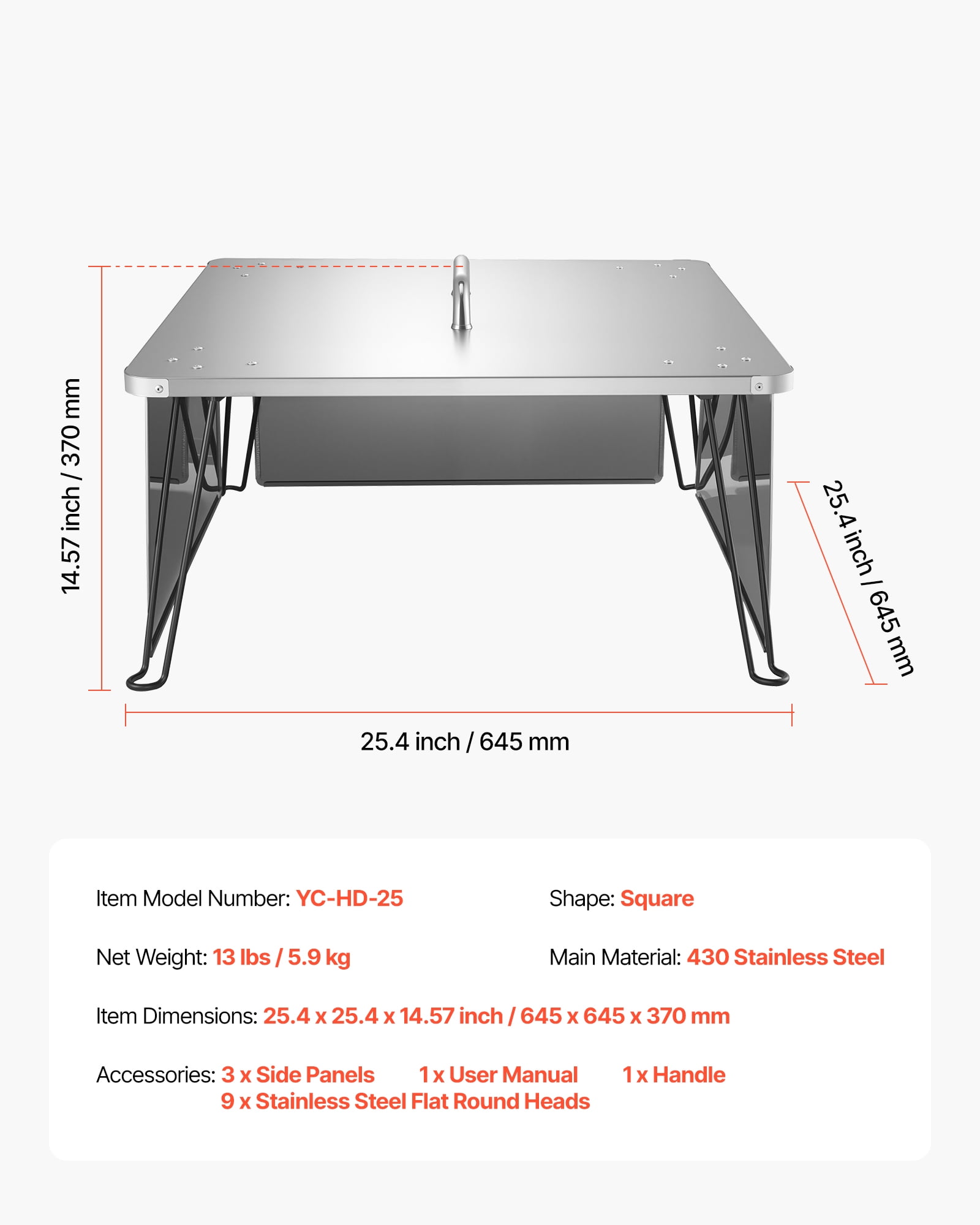 VEVOR Fire Pit Heat Deflector, 25.4x25.4x14.6 inch Square Outdoor Burner Cover, Stainless Steel Bonfire Camping Wood Burning, Push Heat Down and Out with 4 Foldable Legs & Carrying Handle