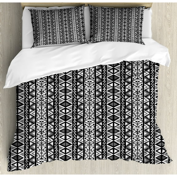 Retro Duvet Cover Set, Boho Pattern in Dark and White Western Native Effects Folk Design, Decorative 3 Piece Bedding Set with 2 Pillow Shams, King Size, Black Grey, by Ambesonne