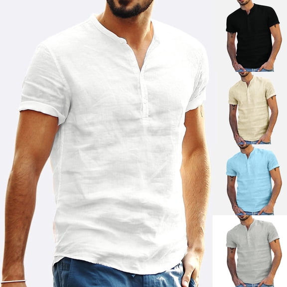 QATAINLAV Men's Linen Henley Shirt Baggy Short Sleeve Tshirts Casual Button Down Plain Tee V Neck Lightweight Summer Beach T-Shirts