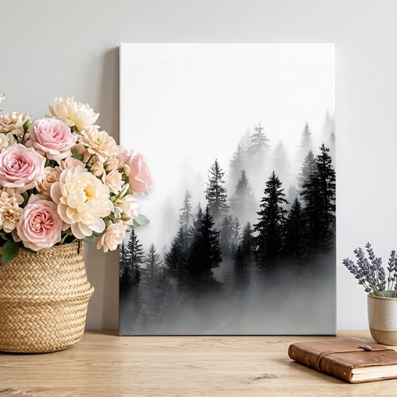 Misty Pine Forest Canvas Wall Art, Rustic Nature Gray Black Foggy Mountains Framed Canvas Wall Decor Picture Print Artwork Decorations for Living Room Office Ready to Hang 10" x 8"