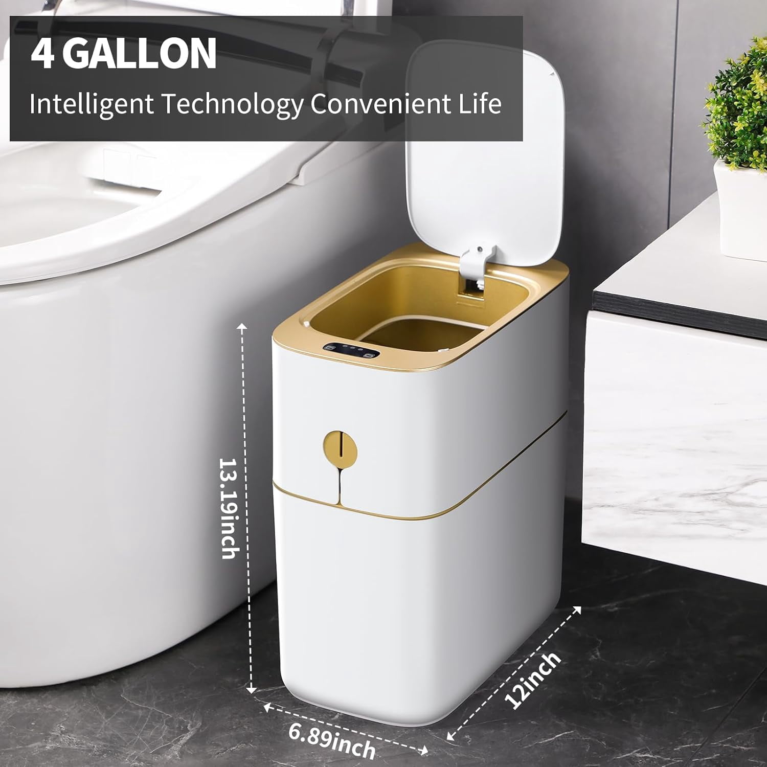 Joybos Automatic Bathroom Trash Can, 3.5 Gallon Plastic Motion Sensor Garbage Bin with Soft Close Lid, White & Gold, 1Pc