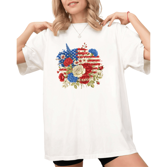 UNISHE Women's Patriotic USA Floral Flag Print Short Sleeve T-Shirt White S-5XL Casual Crewneck Top