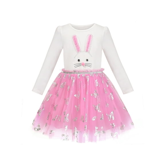 Girls Dress Easter 3D Bunny Shiny Butterfly Pink Ruffle Waist Long Sleeve 6 Years