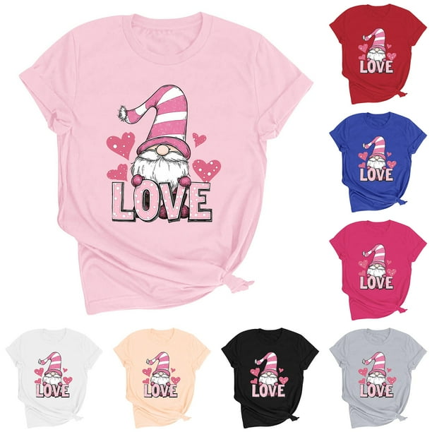 RKSTN Valentine's T Shirt for Women Oversized Crewneck Cute Valentines Gnomes Graphic Print Short Sleeve Shirt Womens Casual Solid Summer Plus Size Round Neck Loose Fits Tee Top for Valentine Gifts