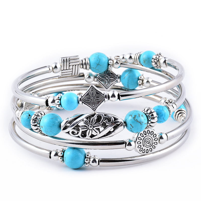Natural Turquoise Agate Unique Beaded Multi-layer Wrap Bracelet Bangle Jewelry 