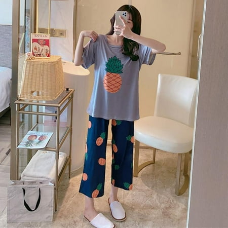 

Love The New Pajamas Women Summer Short-sleeved Trousers Loose Cartoon Casual Home Service Suit Two-piece Avocado Color Is Optional