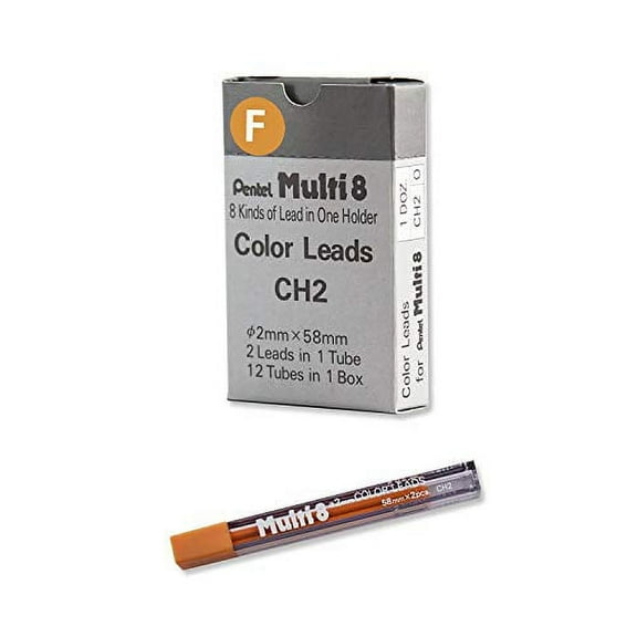 2mm Pentel Multi 8 Color Pencil Lead Set 12 Tubes Refill, CH2 Black Peach Violet Green Yellow Red Pink SkyBlue LightGreen Orange Blue Brown