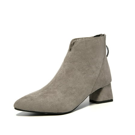 

Pointed Toe Chunky Heel Zip Back Ankle Boots For Women Solid Color Women‘s Short Boots