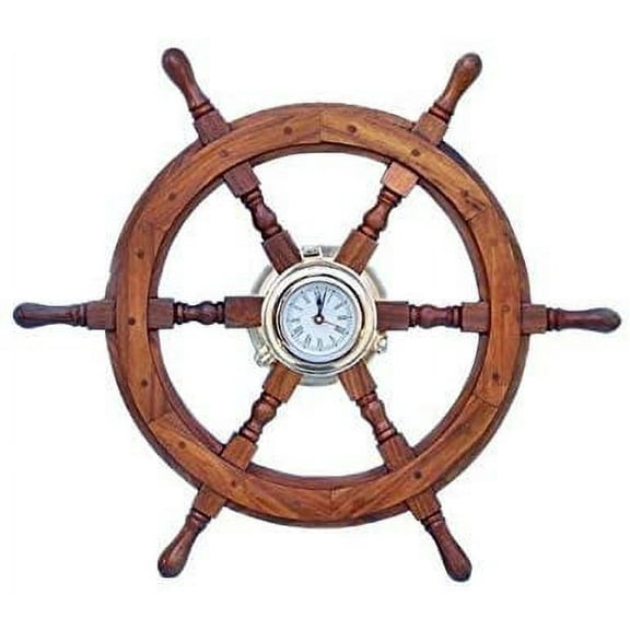 Ship Wheel Clock 24" - Brass Porthole Clocks - Model Ship Wood Replica - Not a Model Kit