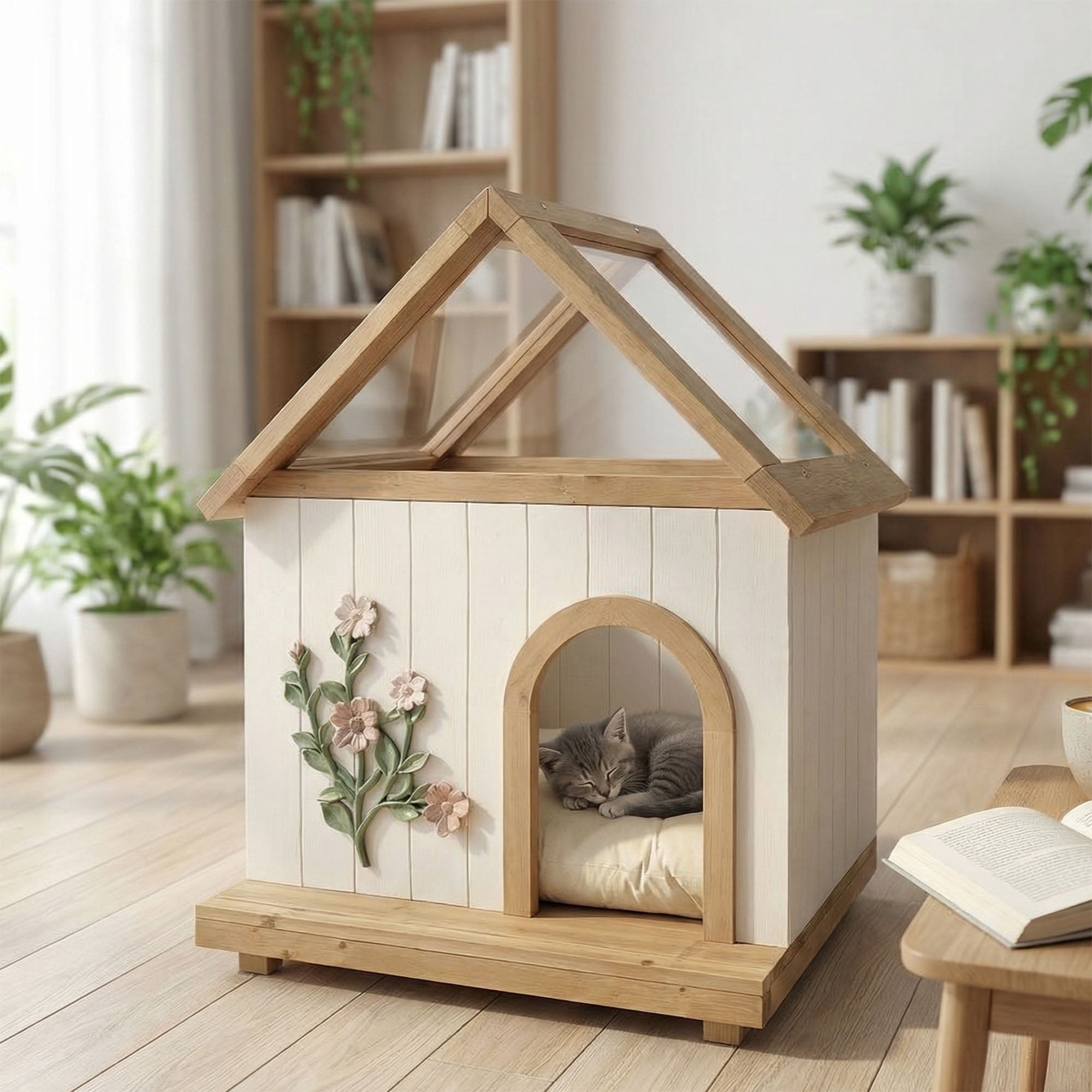 CQSXDA Cat House With Acrylic Roof – Indoor Outdoor Wooden Pet Shelter For Cats And Small Dogs Up To 25 Pounds