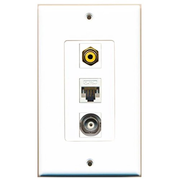 RiteAV - 1 Port RCA Yellow and 1 Port BNC and 1 Port Cat5e Ethernet White Decorative Wall Plate