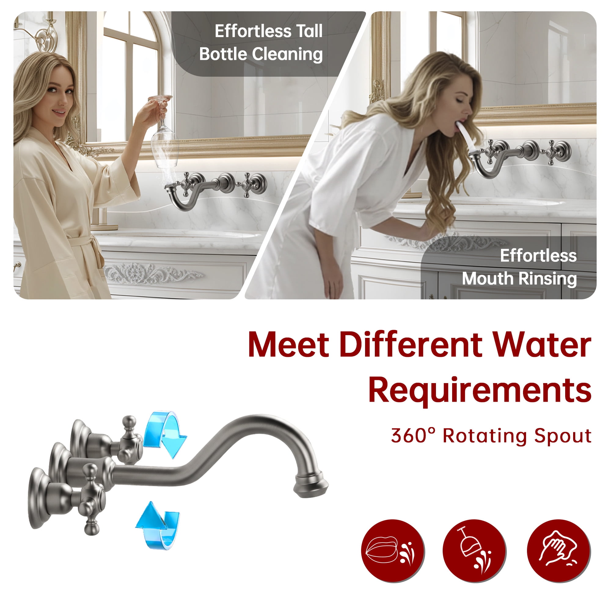 SUMERAIN Classic Brushed Nickel Wall-Mounted Lavatory Faucet,3 Holes Cross Handles Basin Sink Faucet Included Rough-in Valve