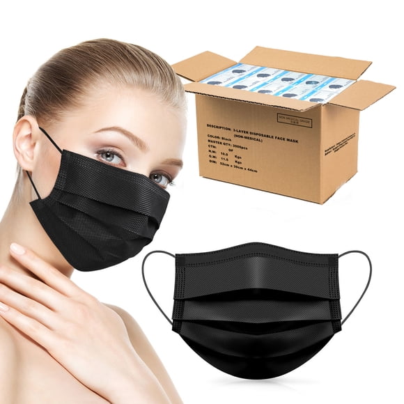 3000 Pcs Disposable Face Mask Adults Black Face Mask 3Ply Black with Ear Loop