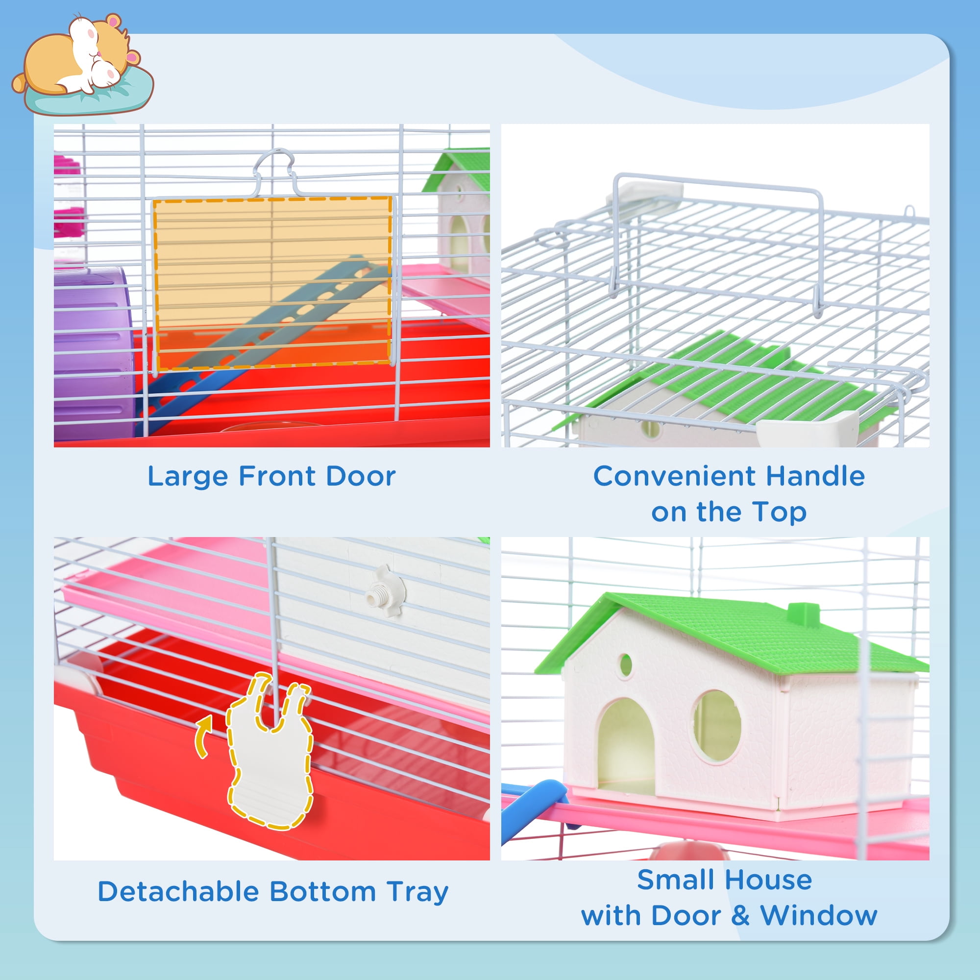 PawHut 18.5" 2-Tier Hamster Cage with Wheel and Water Bottle, Red