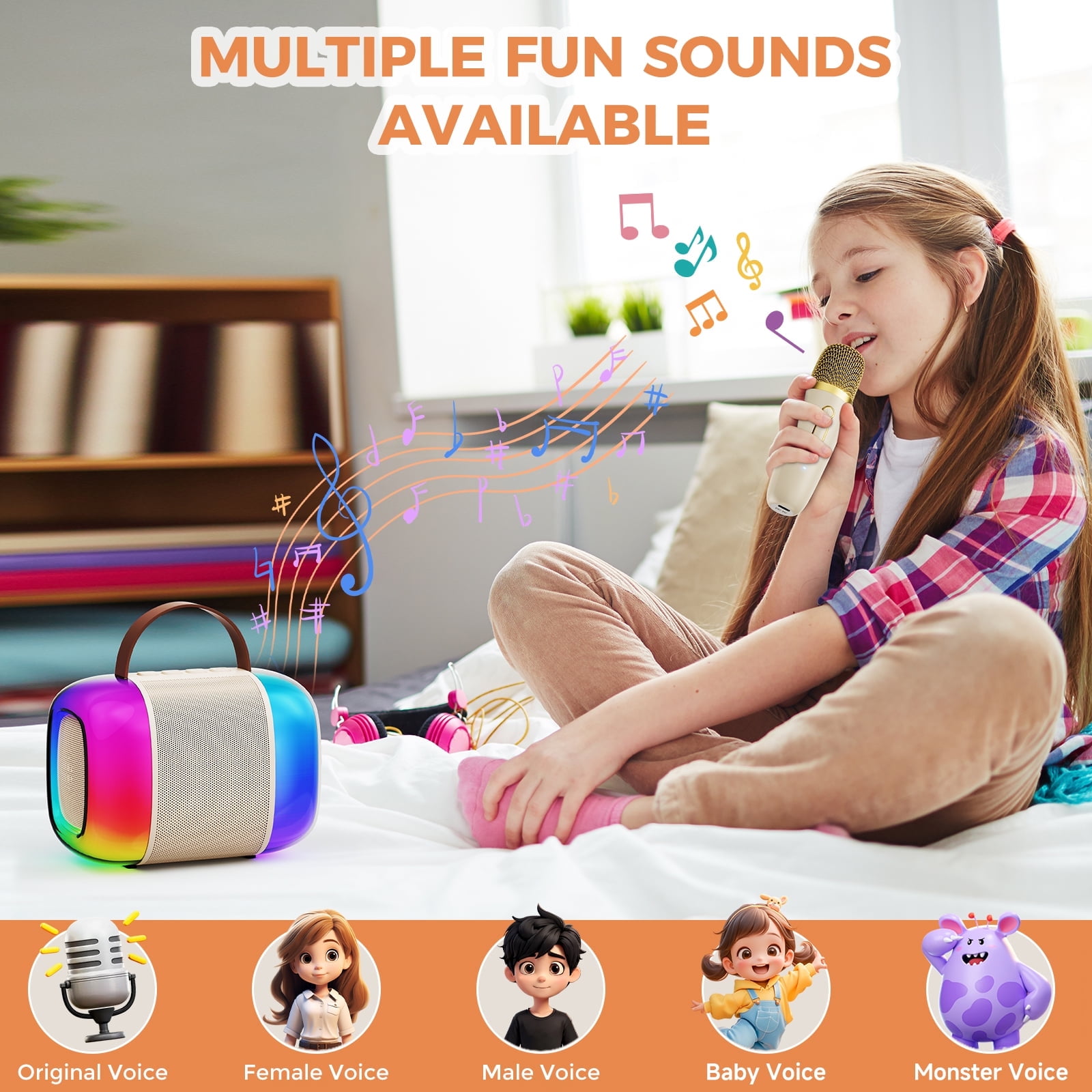 FanFun Karaoke Machine with Colorful LED Lights for Adults Kids, Bluetooth 5.3 Portable Karaoke Speaker with Wireless Mic for Party, Ideal Gifts for Girls/ Boys, D33 (Beige-1MIC)