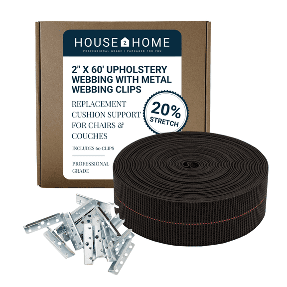 House2Home 2" 20% Stretch Upholstery Webbing Kit with Clips, 60ft Roll