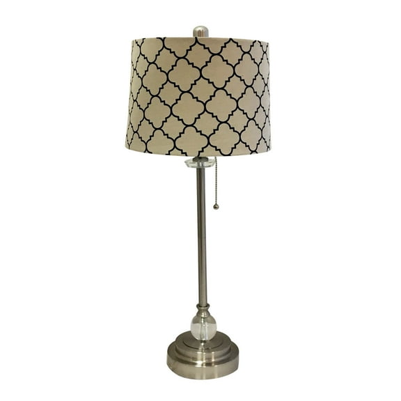 Royal Designs 28" Crystal and Brushed Nickel Lamp with Eggshell and Black Moroccan Print Shallow Drum Hardback Lamp Shade