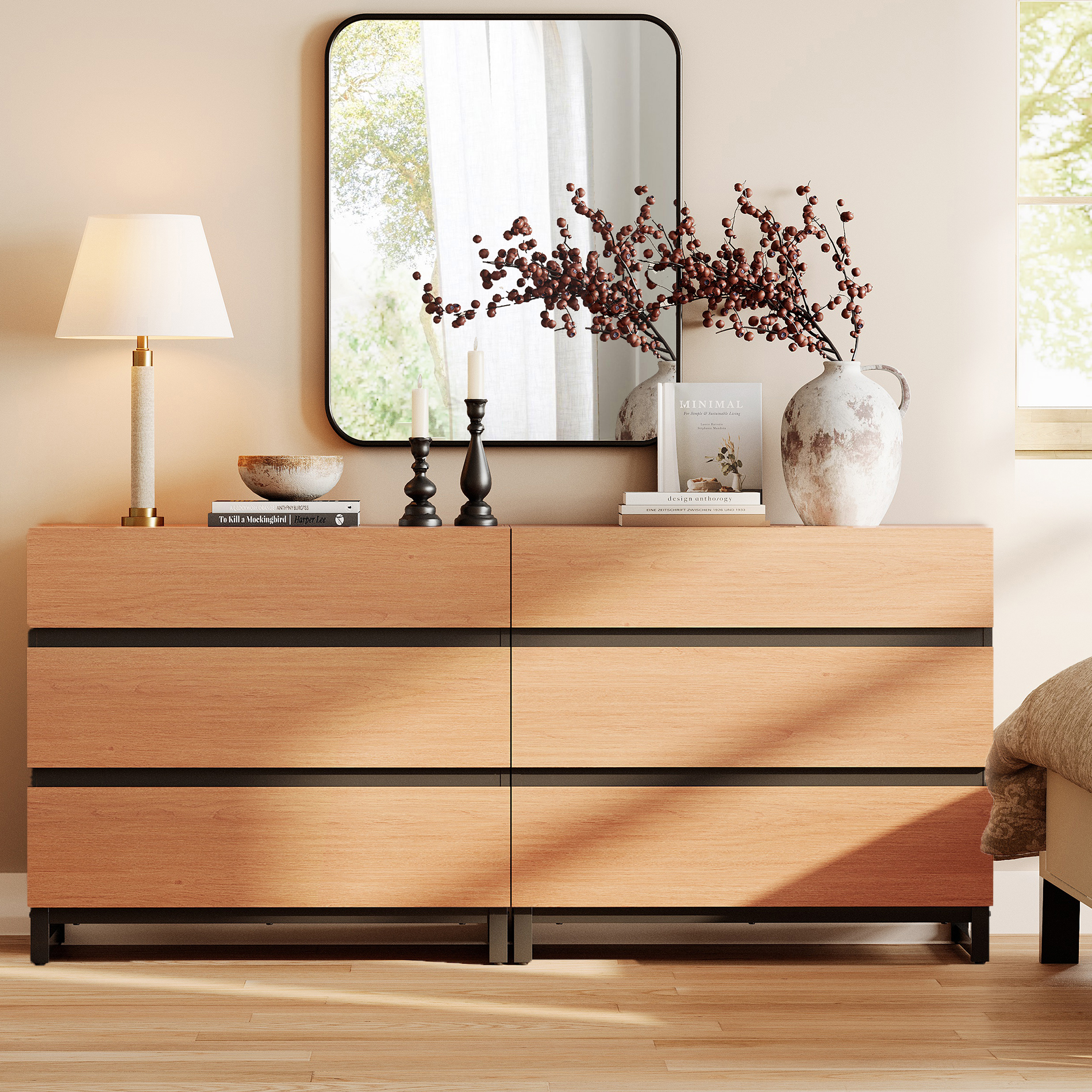 Modern Wood Dresser with 6 Drawers and Sturdy Metal Base, Multi-Functional Chest of Drawers Storage Organizer for Bedroom, Living Room, Hallway and Entryway, Mocha
