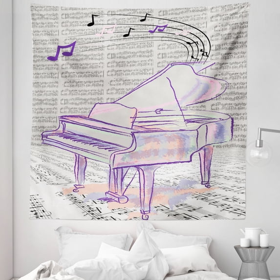 Piano Tapestry, Music Notes Design Abstract Art Hand Drawn Doodle Arrangement Print Bicolor, Fabric Wall Hanging Decor for Bedroom Living Room Dorm, 5 Sizes, Beige and Purple, by Ambesonne