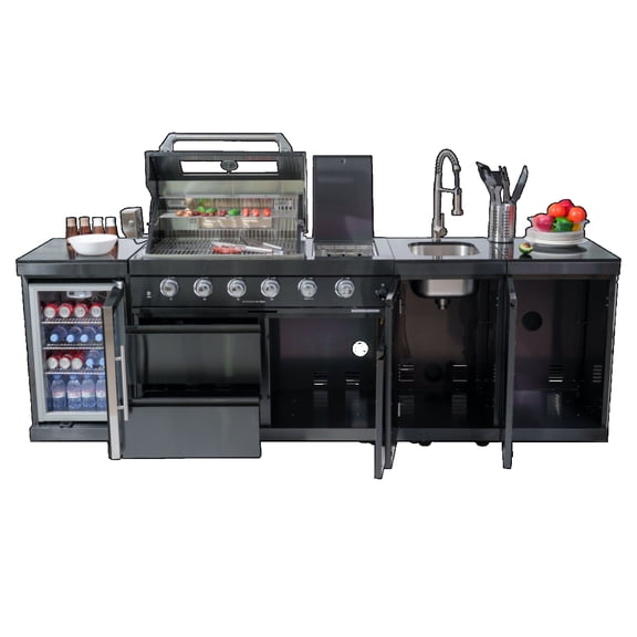 NG 46-Inch 4-Burner 72000 BTU Deluxe Stainless Steel Gas Outdoor Kitchen Bar Barbecue Island Grill Wine Cooler Compact Refrigerator Rotisserie kit Granite Countertops Stainless steel Sink