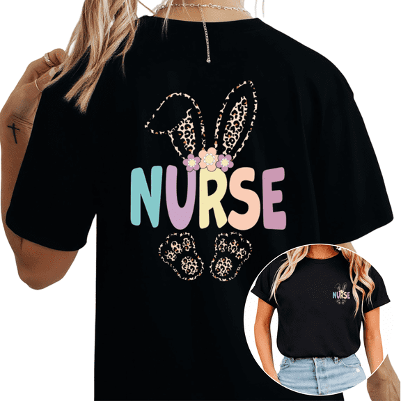 Floral Leopard Bunny Nurse Print Tshirt Black S-5XL Cheerful Easter Charm Graphic Tees Shirts Tops