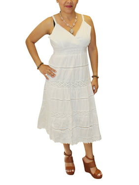 Mogul Women's Beautiful Cotton White Long Dress Sexy Comfy Gypsy Boho Chic Flare Strappy Dresses M