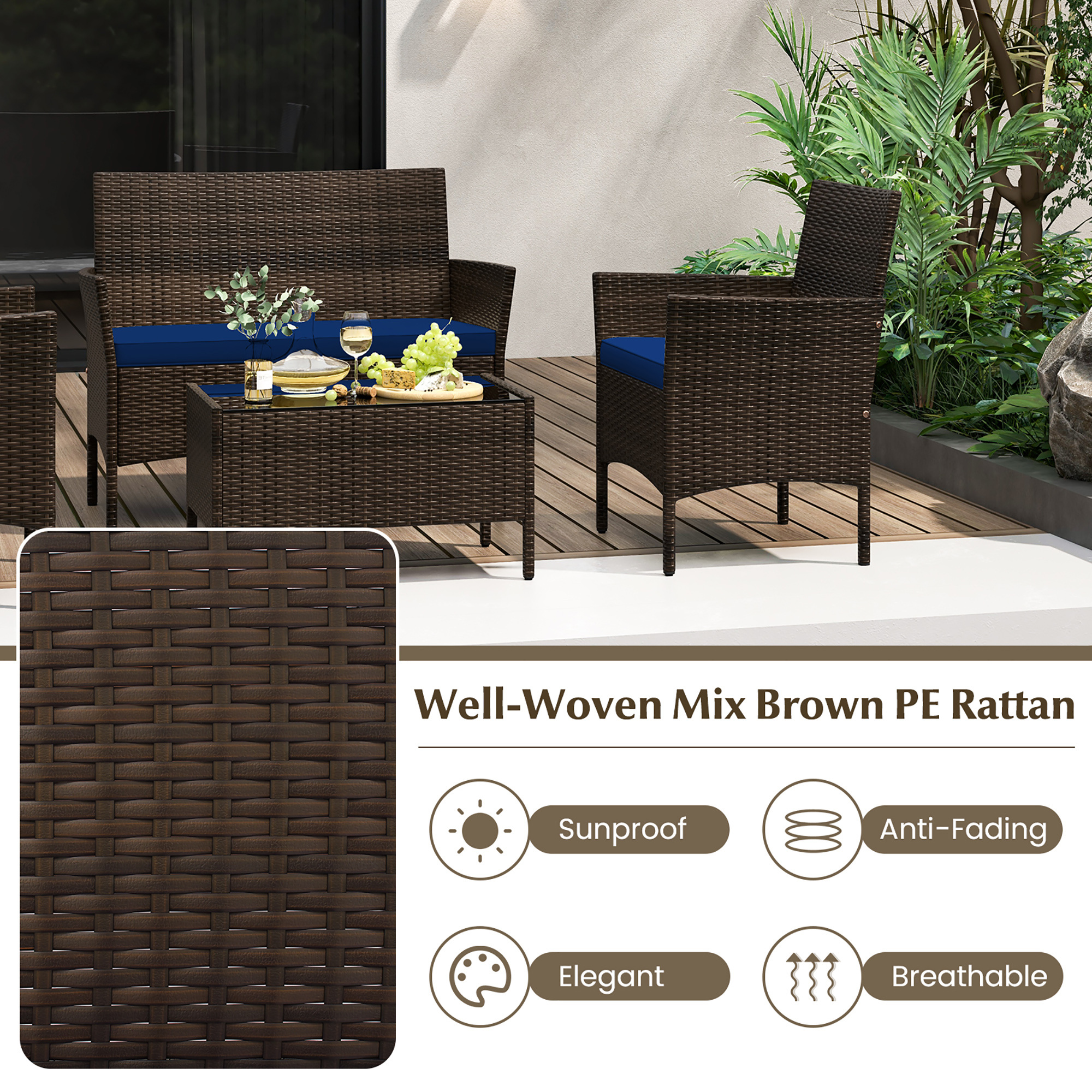 Gymax 4 PCS Patio Rattan Conversation Set Outdoor Wicker Furniture Set w/ Chair & Loveseat