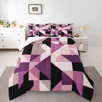 Manfei Chic Geometric Abstract Full Size Comforter Sets, Pink Square Rectangle Bedding Comforter Set, Teen Kid Child Adult Reversible Bedding Sets, Microfiber Bedroom Decor, 3 Pieces