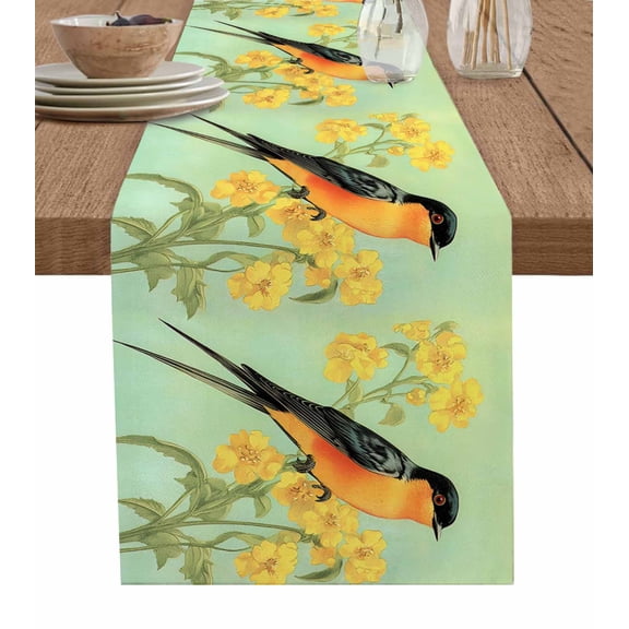 Yellow Sage Green Floral Table Runner 70 Inches, Vintage Summer Bird Botanical Bed Runner Dresser Scarves Tabletop for Indoor Outdoor Parties/Ceremony/Banquet, 13" x 70"