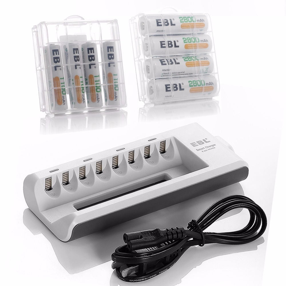 EBL 8 Bay Battery Charger with 4-Pack 2800mAh AA & 1100mAh AAA Batteries 1.2V