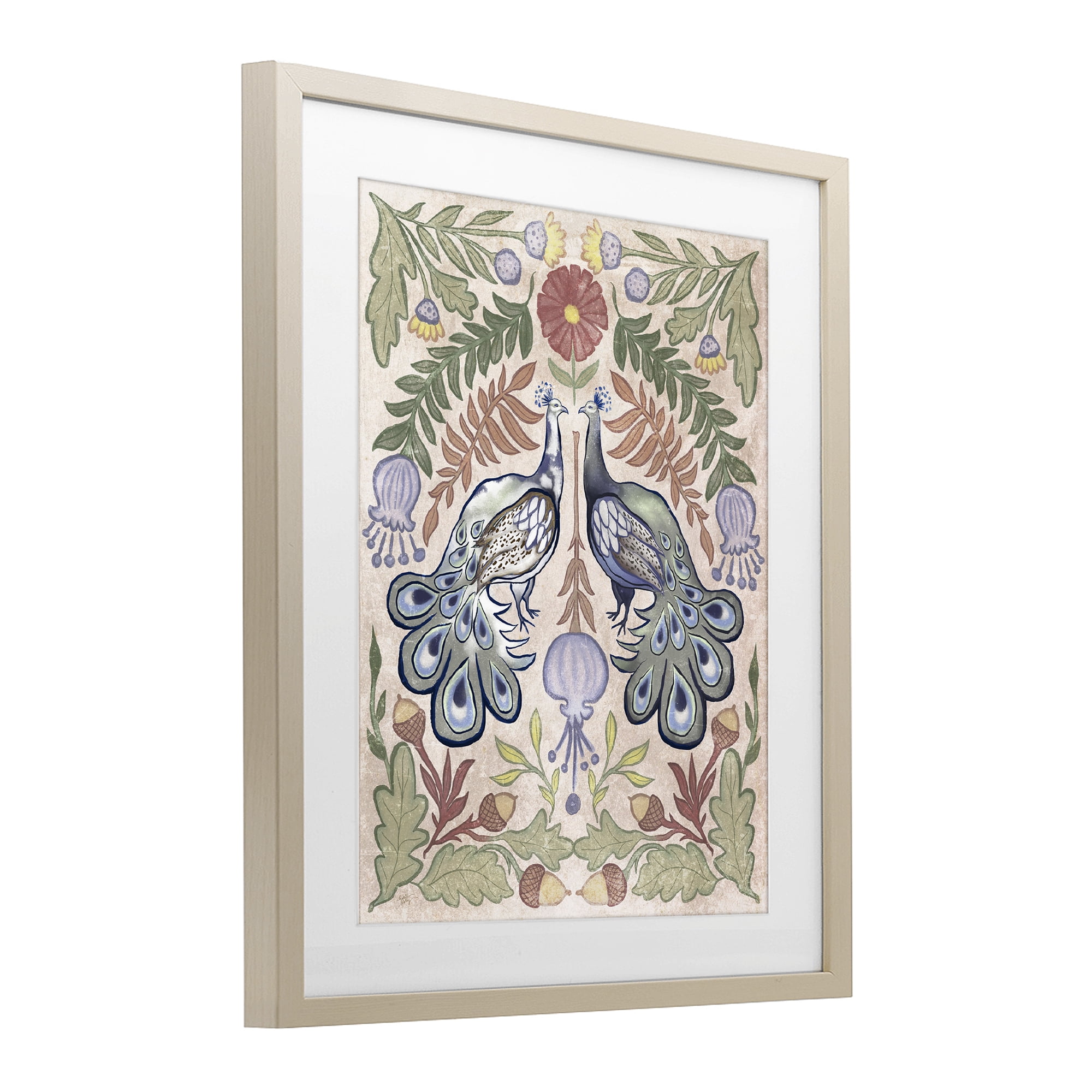 Stupell Industries Symmetrical Peacock & Flower Pattern Birch Framed Print Under Glass, design by Elizabeth Medley