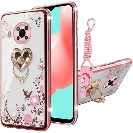 nancheng for Nokia X100 5G Phone Case with Stand Lanyard Cute Girls Women Heart Butterfly Floral Shockproof Protective Cover - Rose Butterfly
